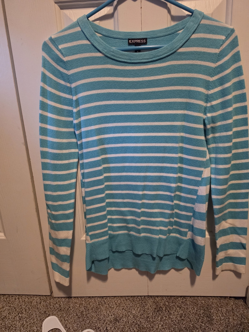 Vintage Express Aqua and White Striped Crewneck Sweater